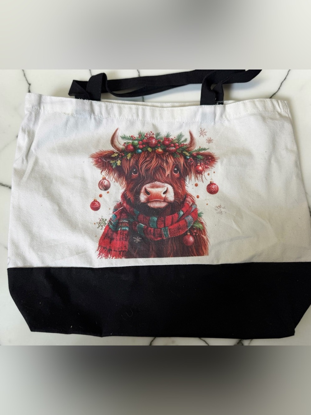 Highland Cow Christmas Canvas Tote Bag | Holiday Plaid Farmhouse Western